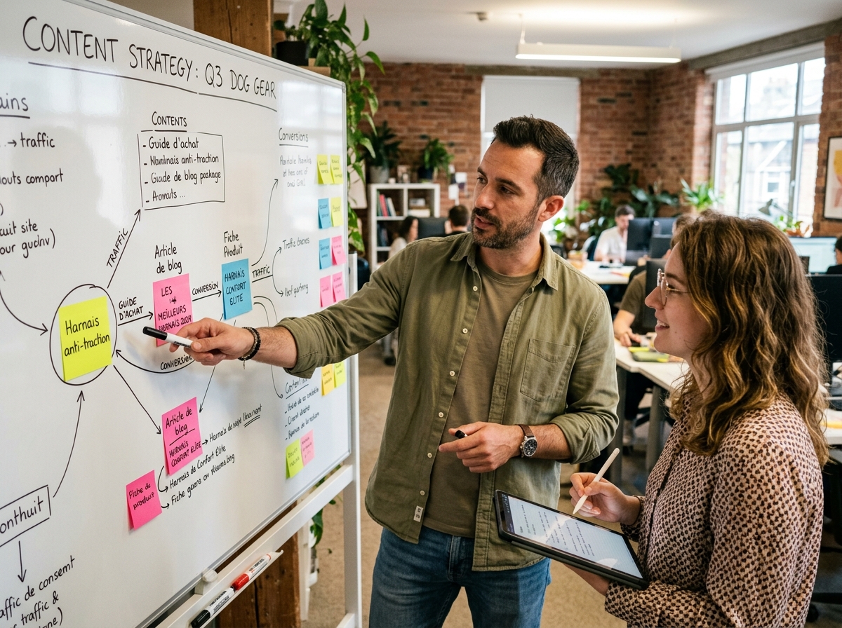 Un spécialiste du marketing de contenu cartographie des mots-clés sur un tableau blanc pour une stratégie de contenu e-commerce.
