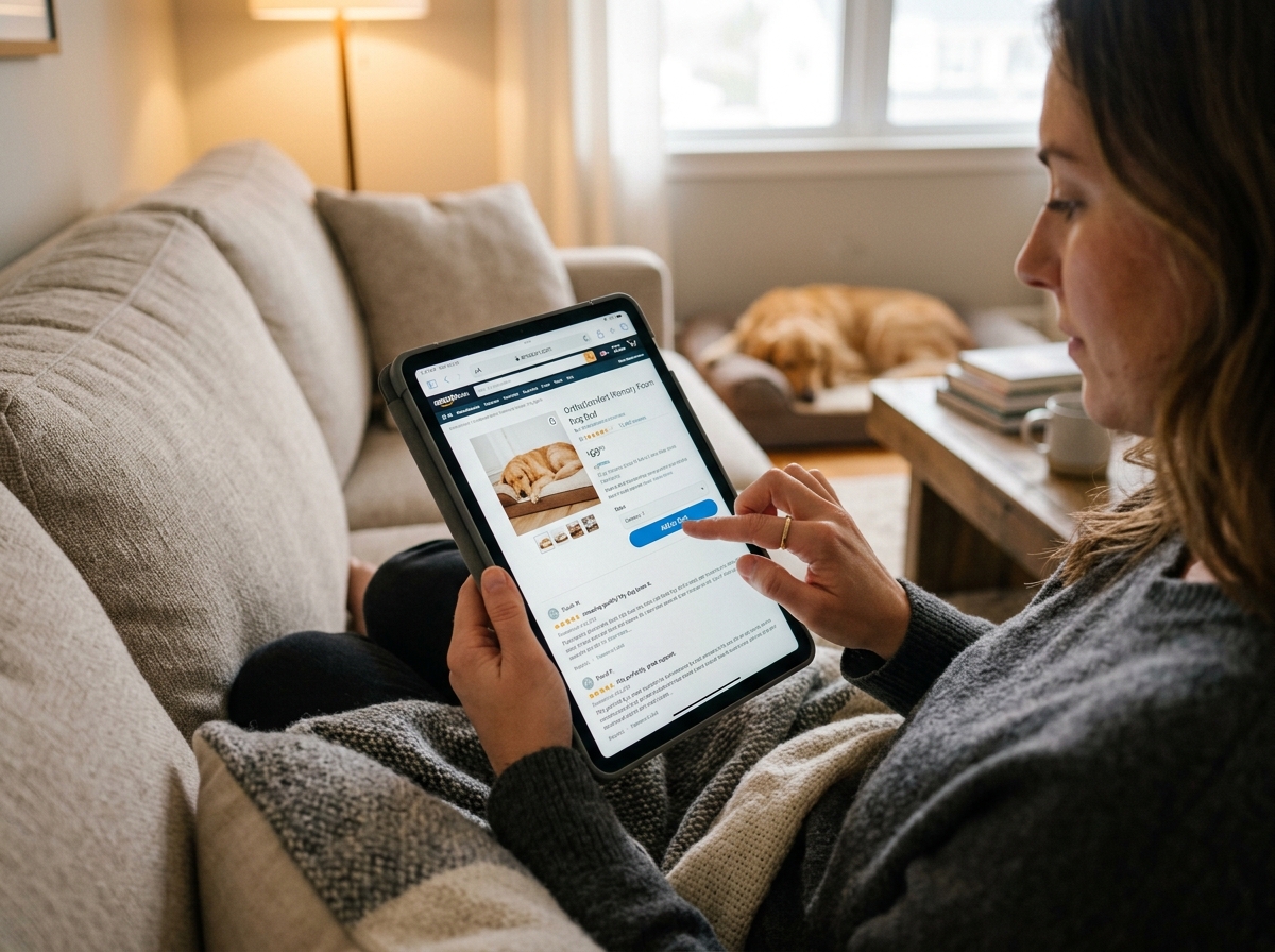 Gros plan sur un client lisant des avis sur un produit pour chien sur sa tablette avant de faire un achat en ligne.