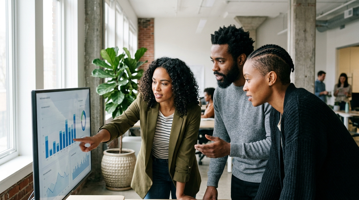 A diverse team of marketing professionals collaborating on an article marketing SEO strategy in a modern office.