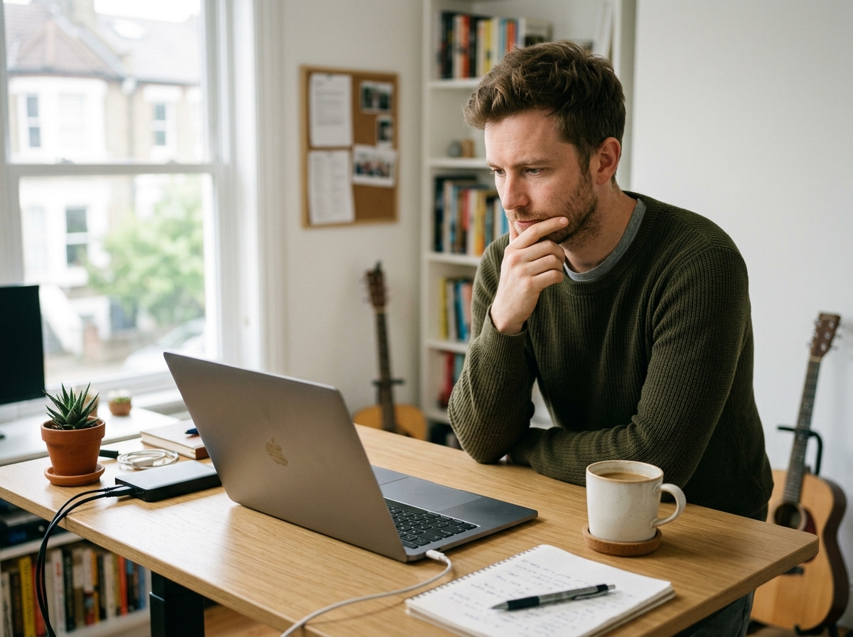 A solo founder using an AI article generator on a laptop to scale their content marketing efforts.