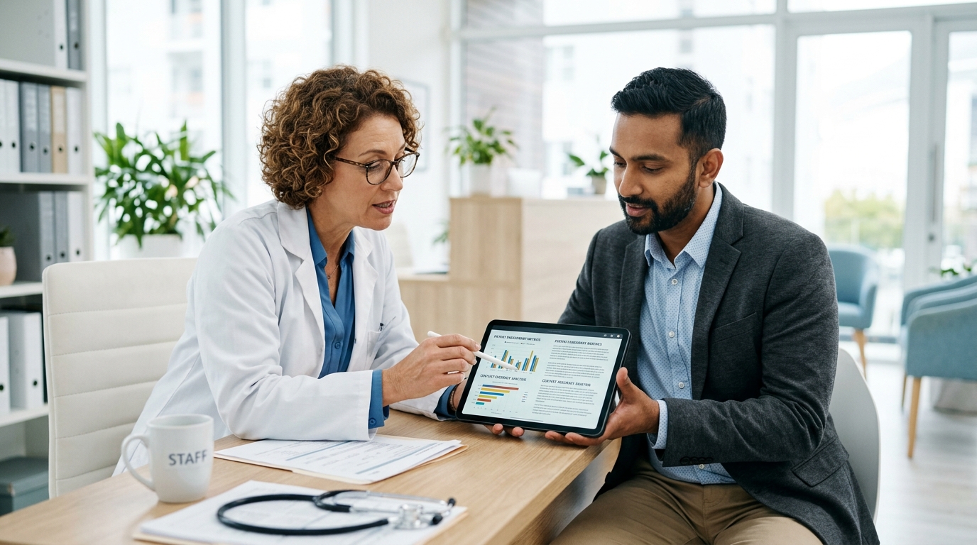 A healthcare marketing strategist and a medical professional collaborating on a tablet in a modern clinic office.
