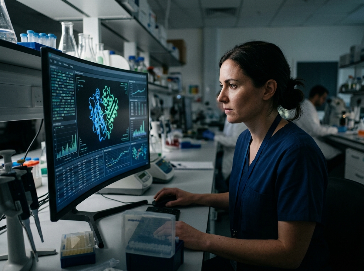 A medical researcher using an advanced computer interface displaying streams of data and a 3D molecular model.