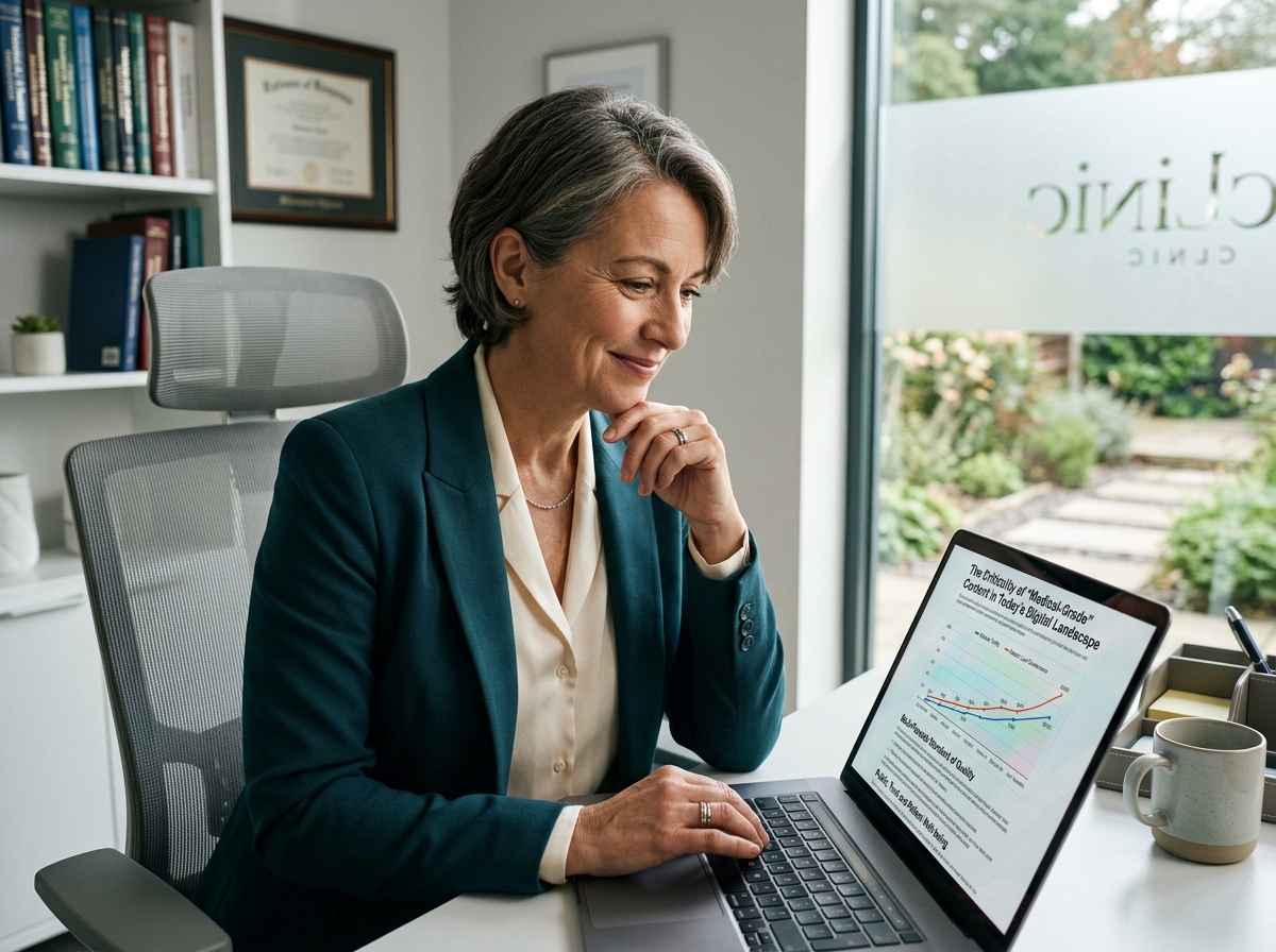 A small clinic owner smiling confidently while reviewing a high-ranking article on her clinic's website on a laptop.