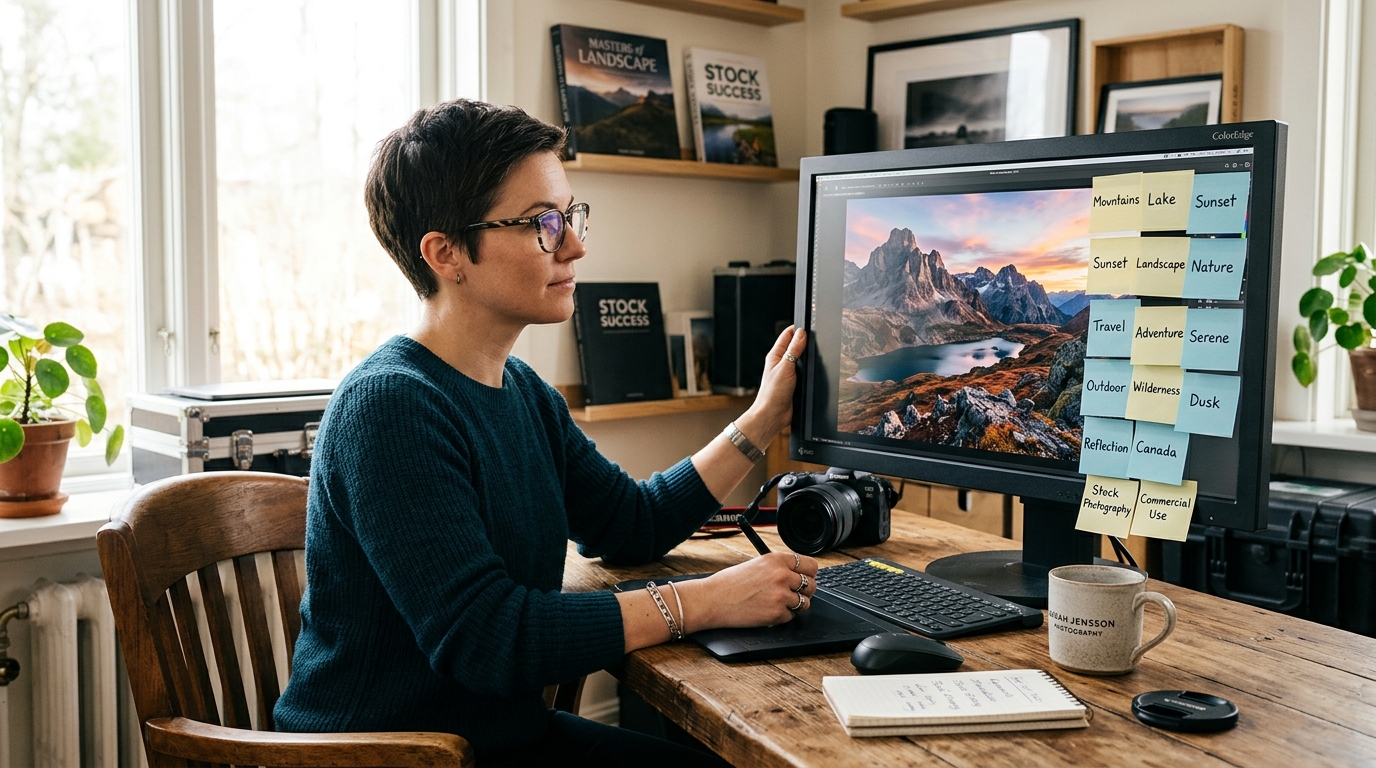 A professional photographer at a desk carefully reviewing keywords for a photo on a large monitor.