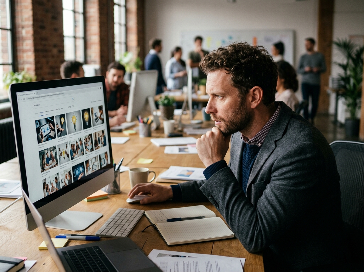 A creative director in an office searching for conceptual images on a stock photography website.