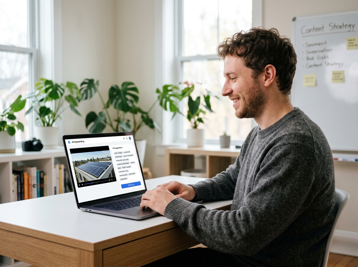 A freelance videographer efficiently using an AI keywording tool on a laptop in a home office.