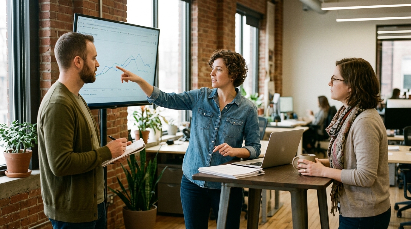 A diverse team of content marketers collaborating around a large screen displaying SEO analytics in a bright, modern office.