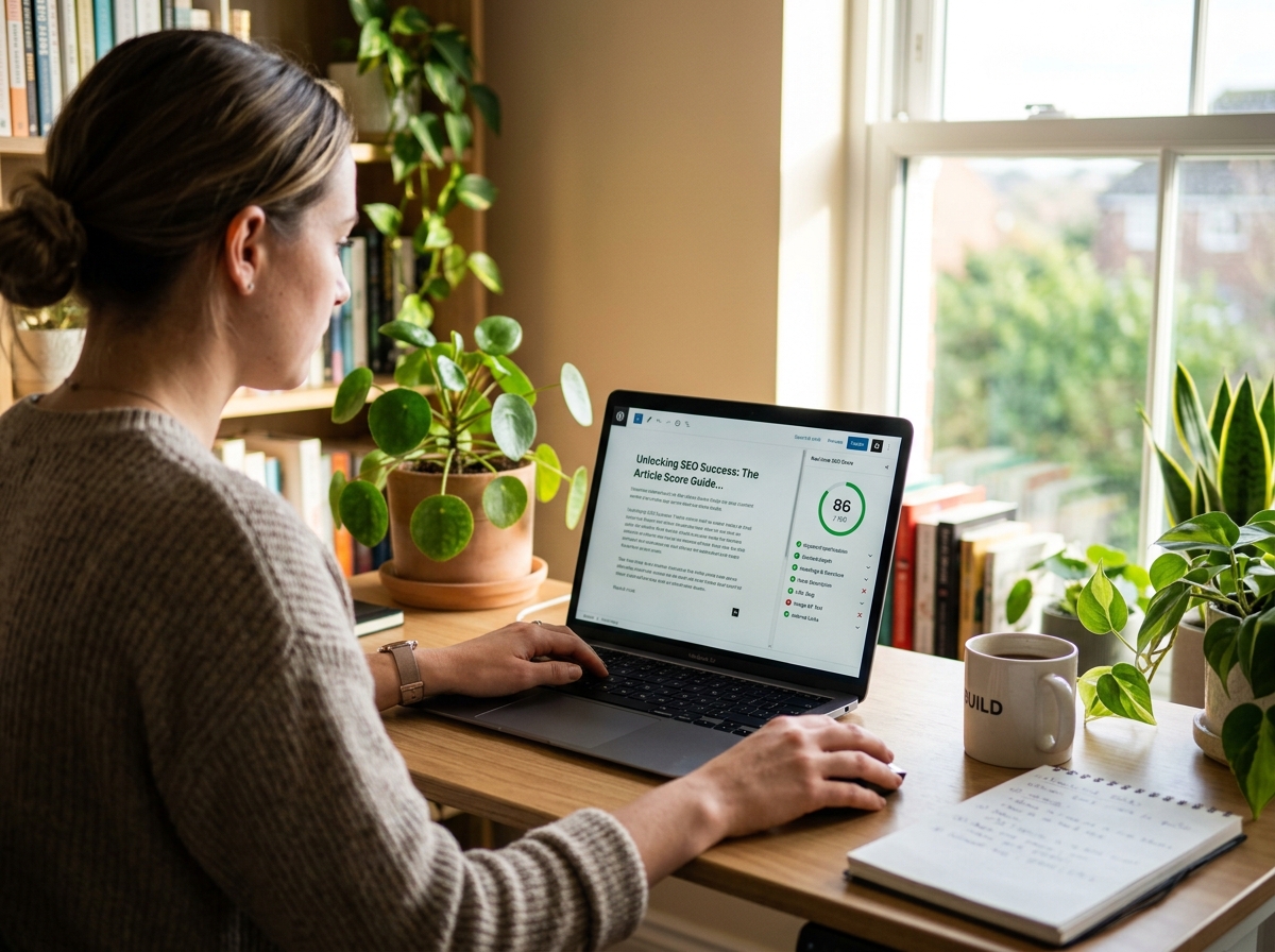 A solo entrepreneur focused on their laptop screen which shows an article being edited next to an SEO score checker tool.