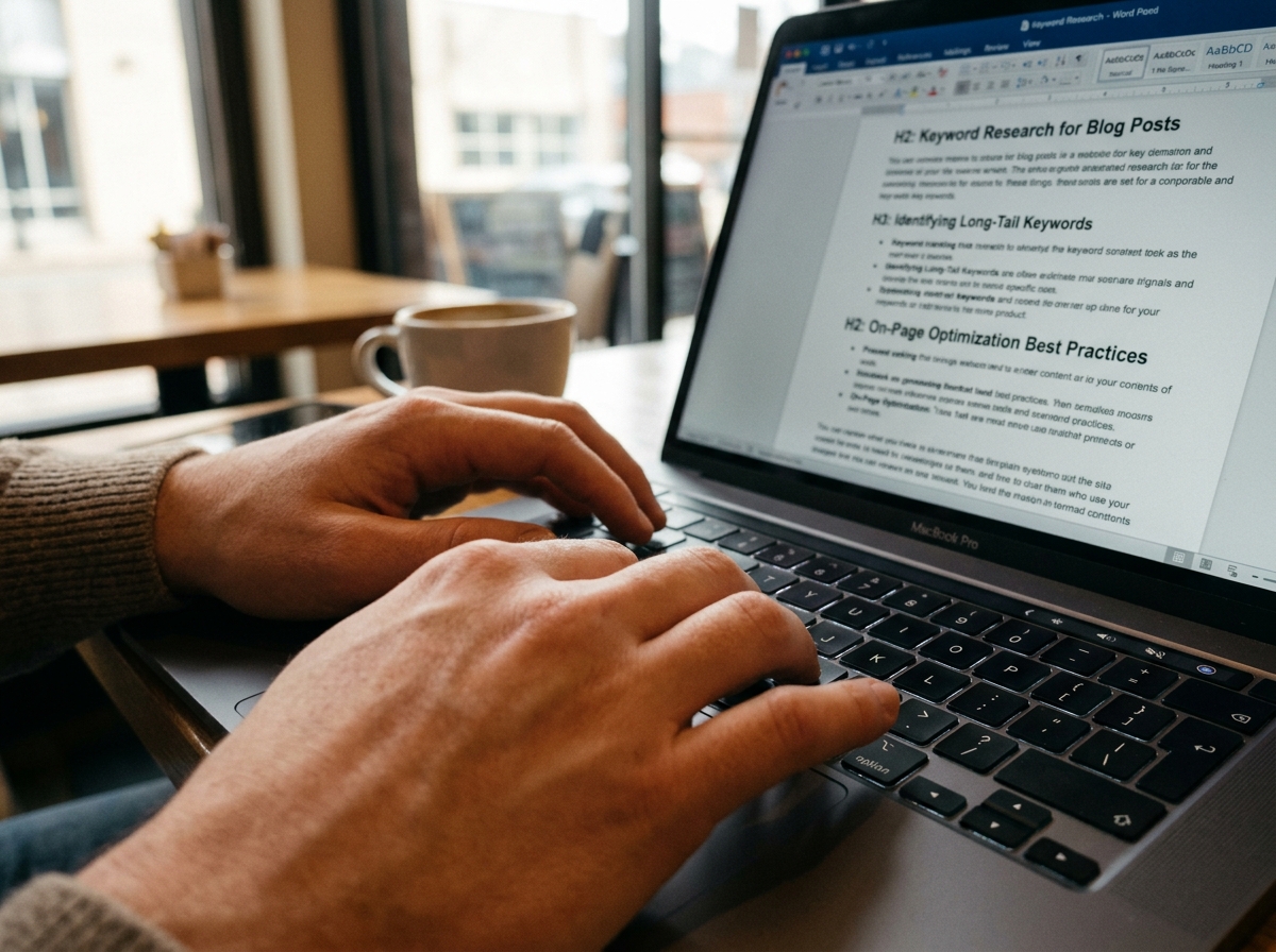 A close-up of a content writer's hands typing on a keyboard, with a structured article outline visible on the screen.