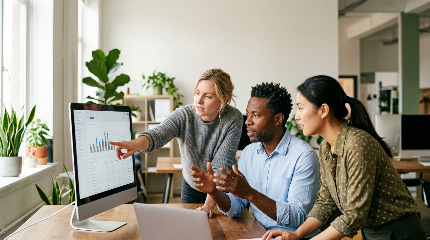 A diverse team of content marketers collaborating on an SEO strategy in a bright office.