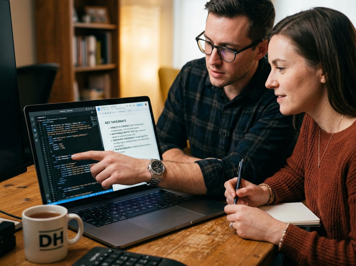A web developer and content strategist working together on technical and on-page SEO.
