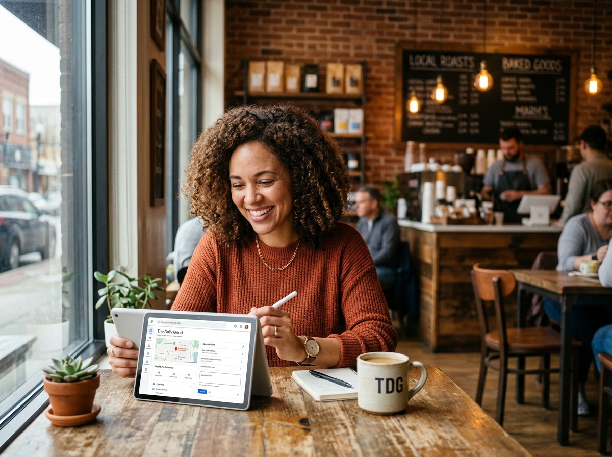 A small business owner optimizing her local SEO on a tablet in her coffee shop.