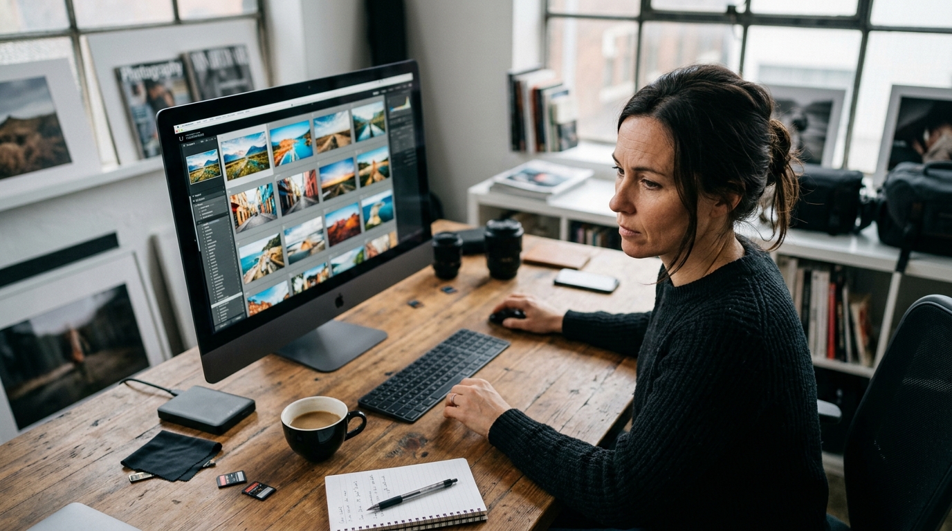A professional microstock photographer at their editing desk, carefully reviewing a grid of vibrant travel photos in Adobe Lightroom on a la