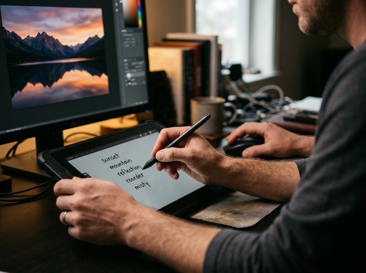 A close-up, over-the-shoulder view of a digital artist using a stylus on a tablet to refine and reorder a list of AI-generated keywords, dem