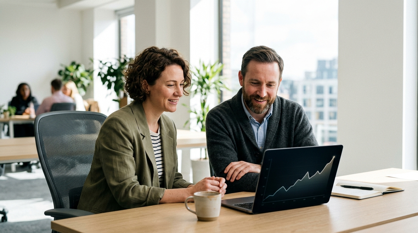 A small business owner and a marketing consultant analyzing a chart showing organic traffic growth on a laptop in a bright, modern office.