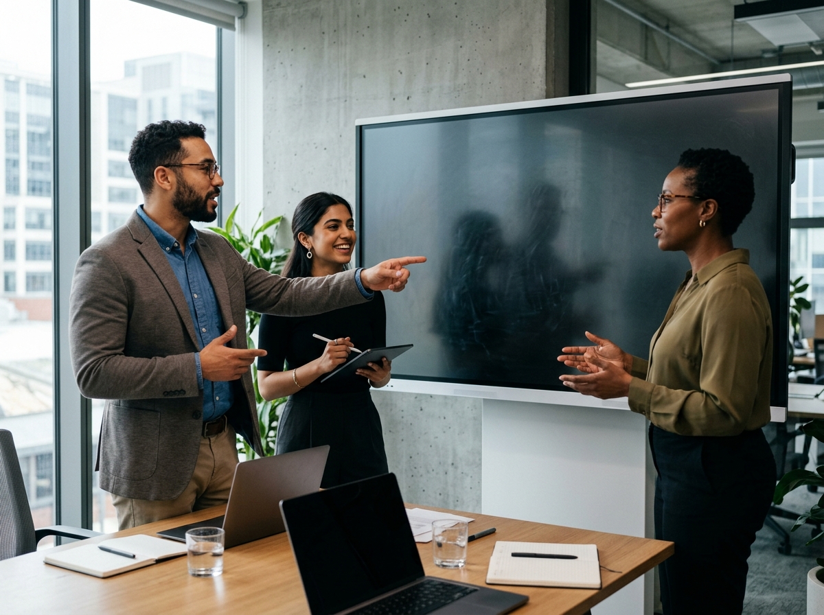 A diverse marketing team collaborating around a large digital whiteboard displaying AI-powered competitor analysis data and content strategy