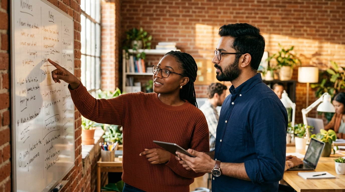 A content strategist and a startup founder collaborating on an SEO article outline on a whiteboard in a bright, modern office.