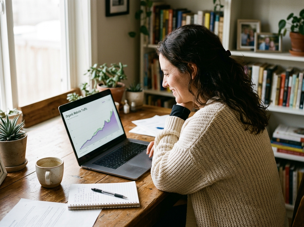 A small business owner looking thoughtfully at a graph showing an increase in organic traffic on her laptop screen.