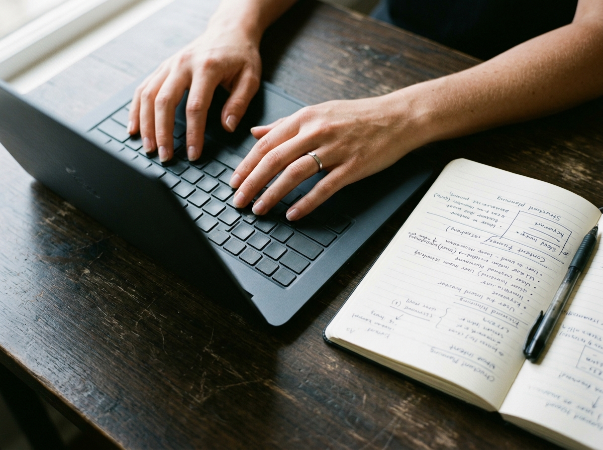 A close-up shot of a writer's hands typing an article on a laptop, with a notebook filled with research notes beside it.
