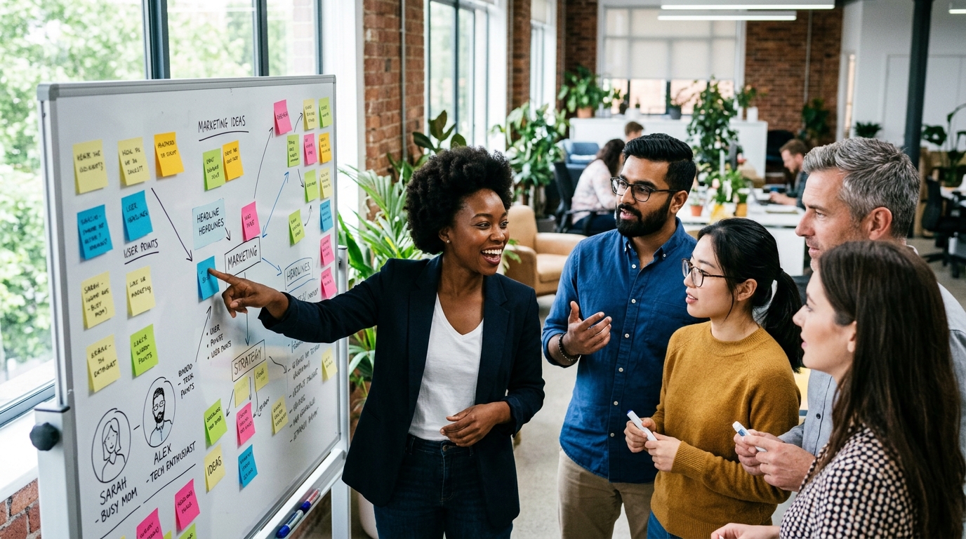 A diverse team of marketers collaborating around a whiteboard covered in notes about copywriting skills and audience personas.