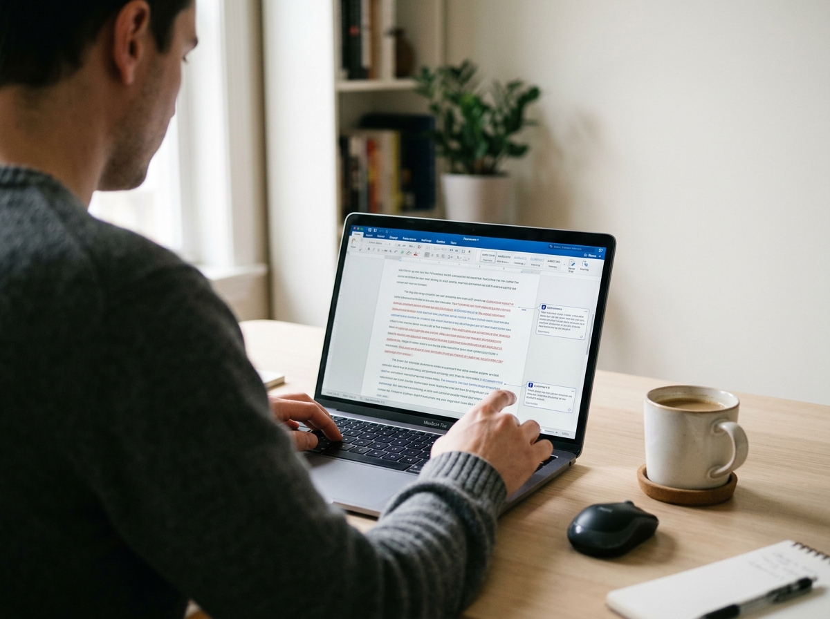 A writer carefully editing a document on their laptop, showing the focus required for clear and concise copy.