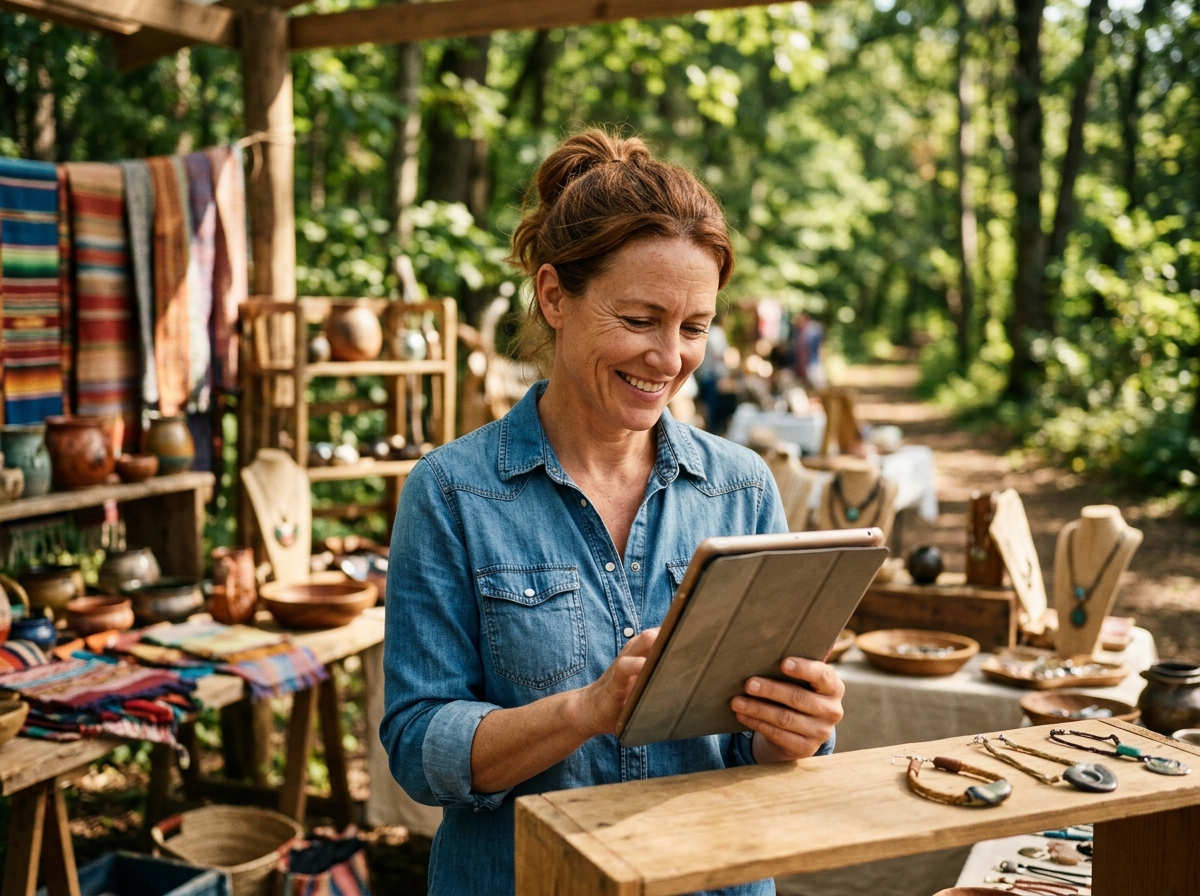 A business owner smiling as they read a positive customer testimonial on a tablet, illustrating the power of storytelling and social proof.