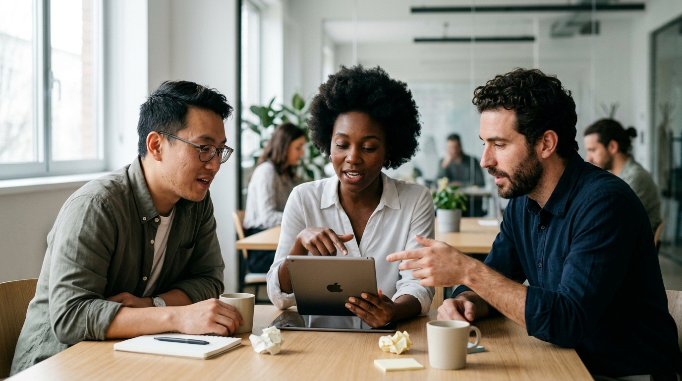 A diverse team of three marketing professionals collaborating around a large wooden table, strategizing their content distribution plan on a