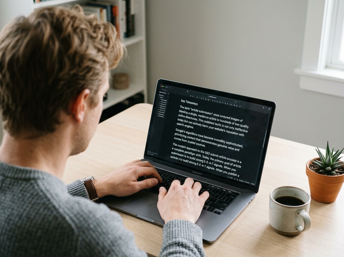 A content writer deeply focused on crafting an SEO-optimized article on their laptop in a quiet, minimalist workspace.