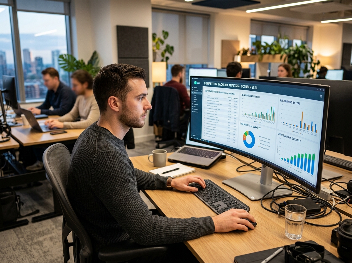 An SEO specialist analyzing competitor backlink data on a large monitor displaying an advanced analytics dashboard.
