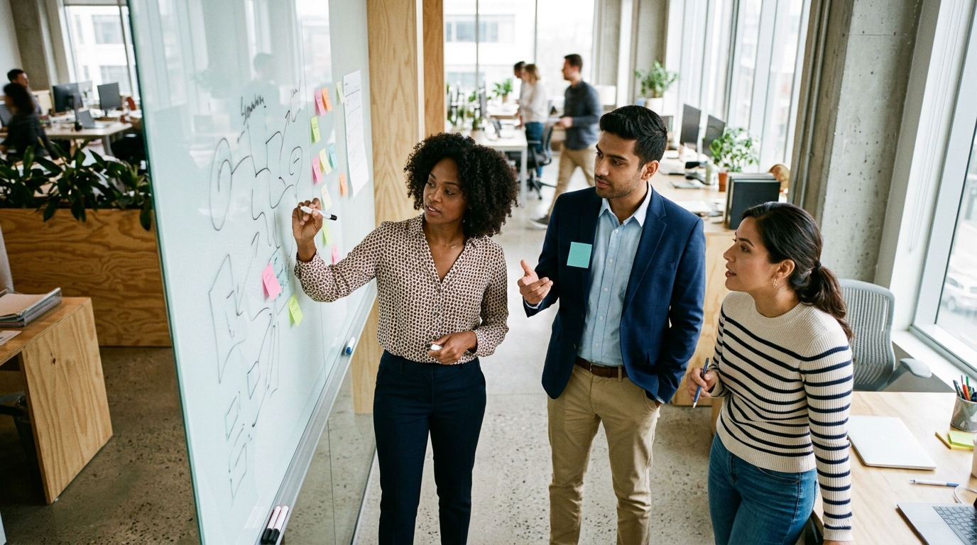 A diverse marketing team collaborating on an SEO funnel strategy on a large whiteboard in a bright, modern office.