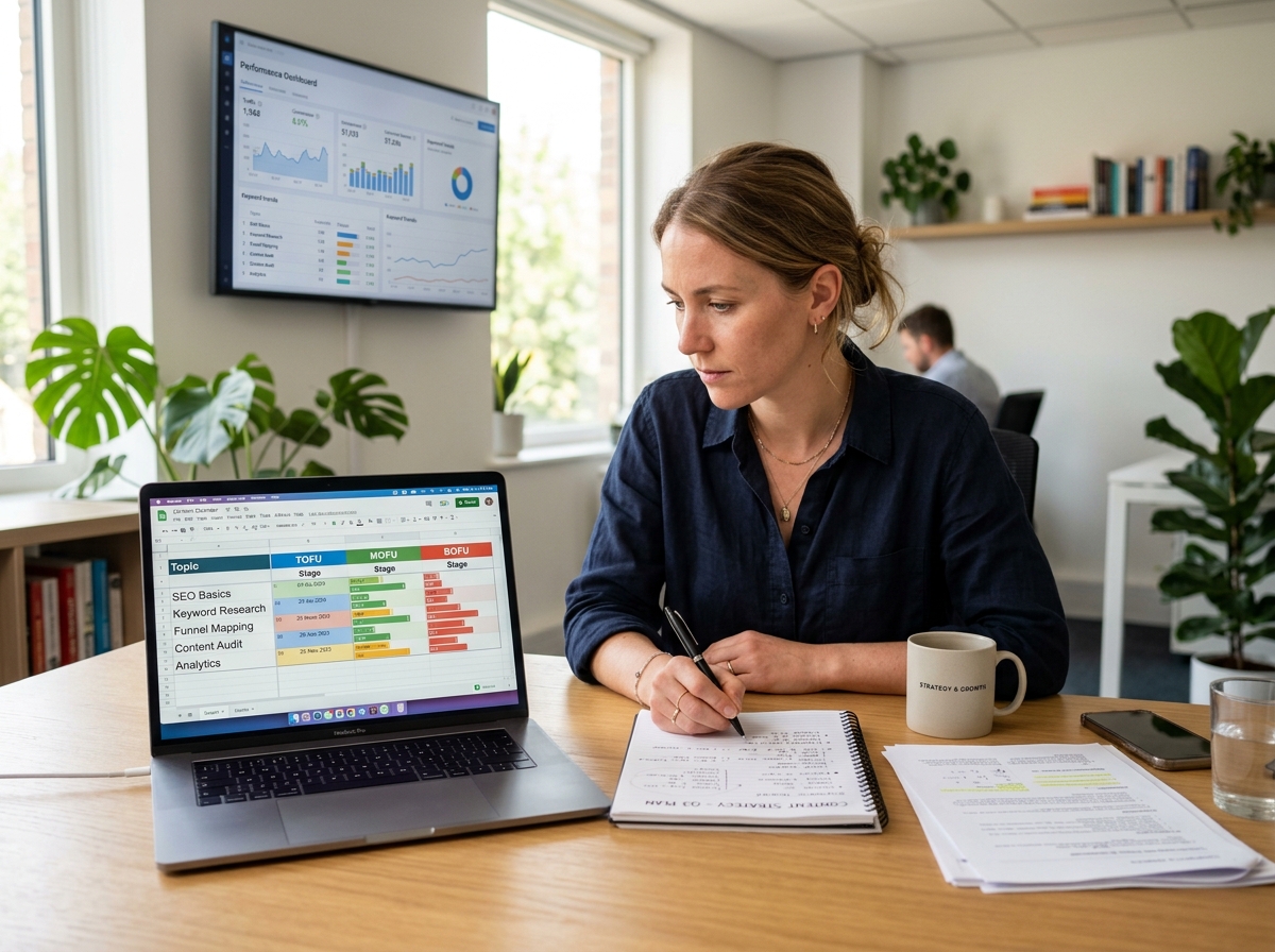 A content strategist meticulously planning an SEO funnel content calendar on a laptop in a focused work environment.