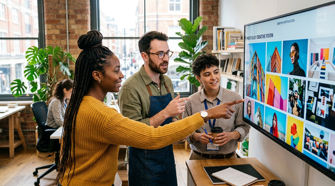 A diverse team of creative professionals reviewing a portfolio of images on a large monitor in a modern studio.