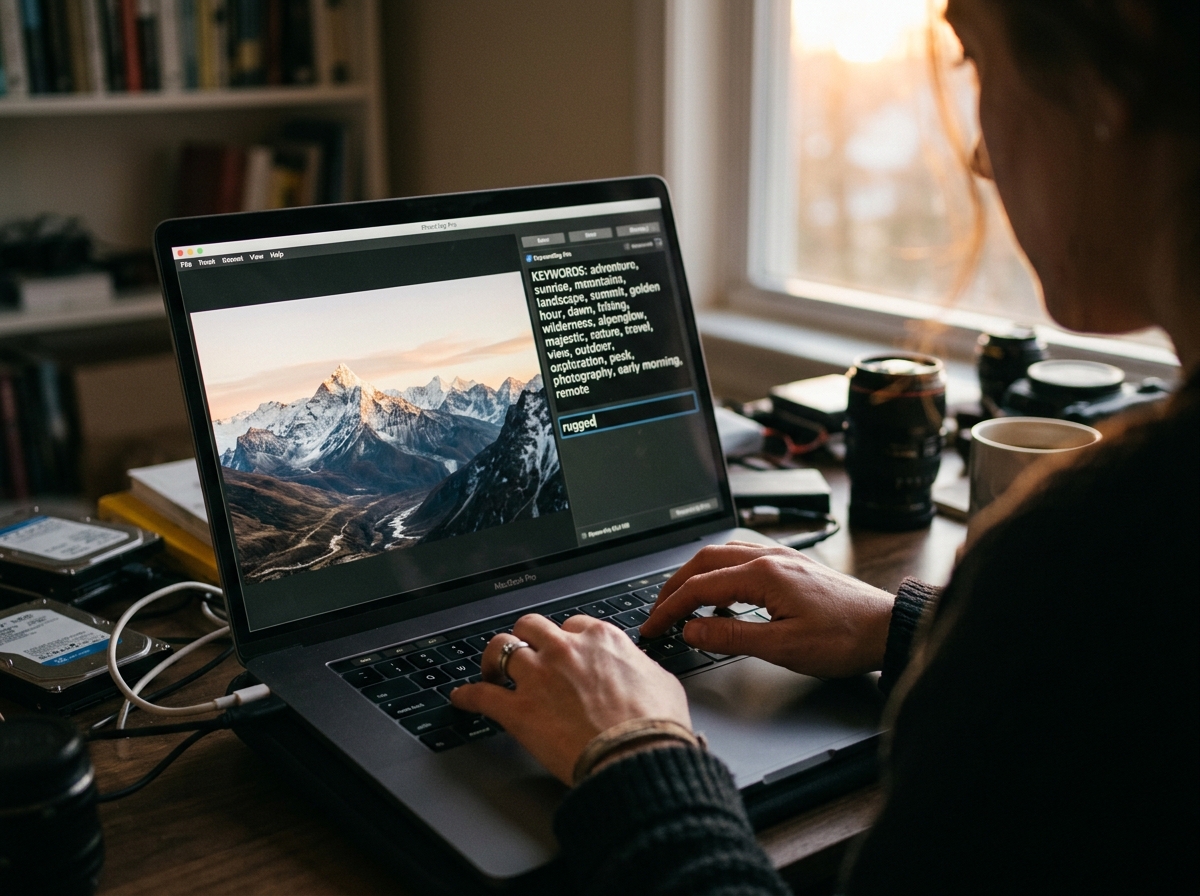 A close-up shot of a photographer typing keywords for a landscape photo into a laptop.