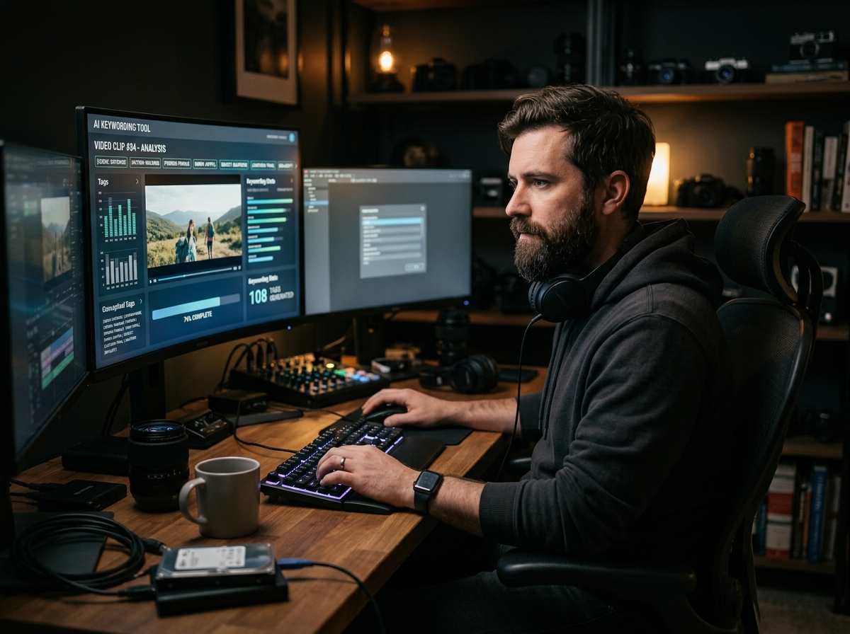 A videographer in a home studio using an AI keywording tool on a multi-monitor setup.