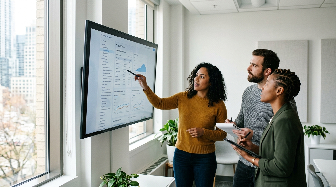 A diverse content marketing team collaborating around a large monitor displaying a content outline and SERP analysis.