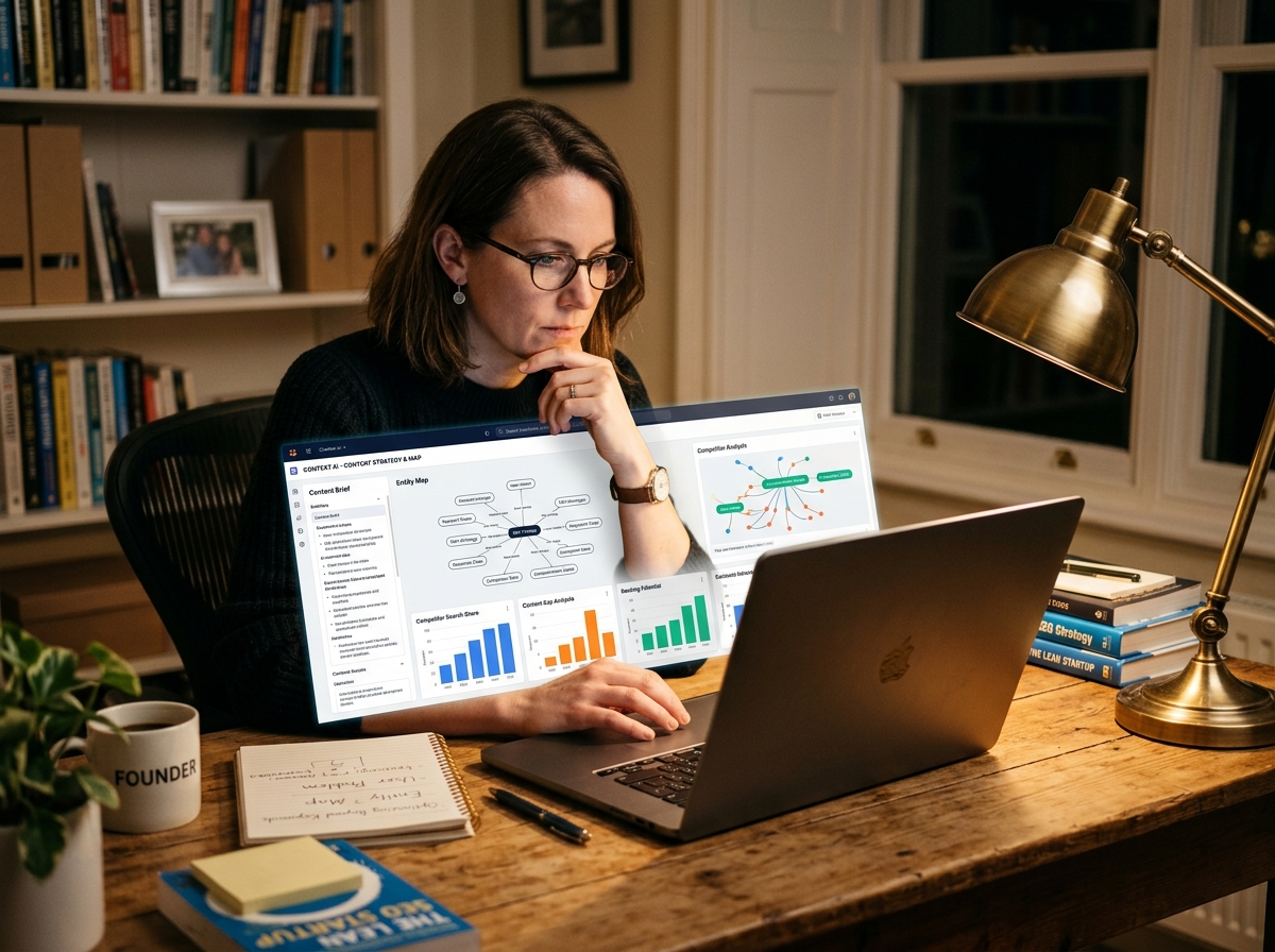 A solo founder in a home office analyzing an AI-generated content brief with entity maps and competitor data.