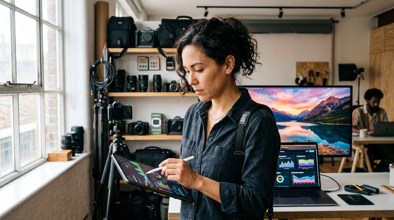 A professional photographer reviewing AI-generated keywords on a tablet in their studio.