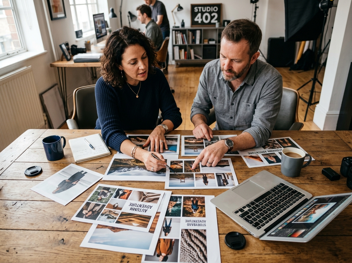 Two creative professionals collaborating over a light table, analyzing stock photos and discussing concepts.