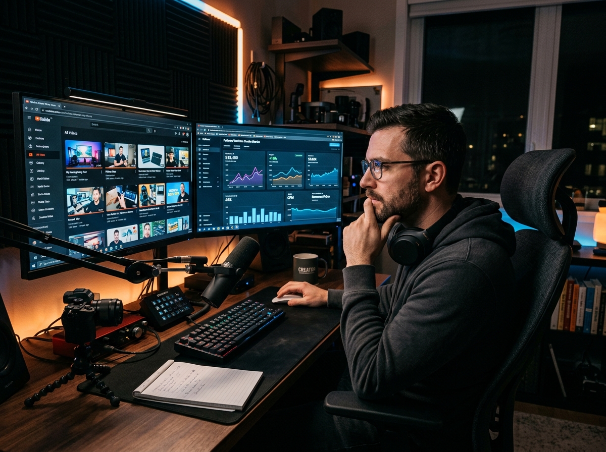 A microstock contributor looking at sales data and analytics on a dual-monitor setup at home.