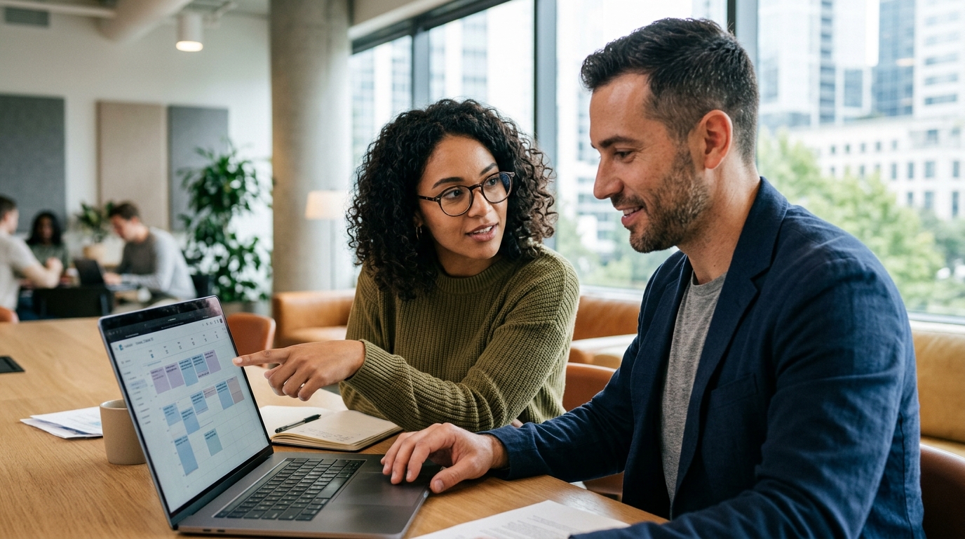 A content strategist and a startup founder collaborating on an AI SEO article strategy in a bright, modern office.