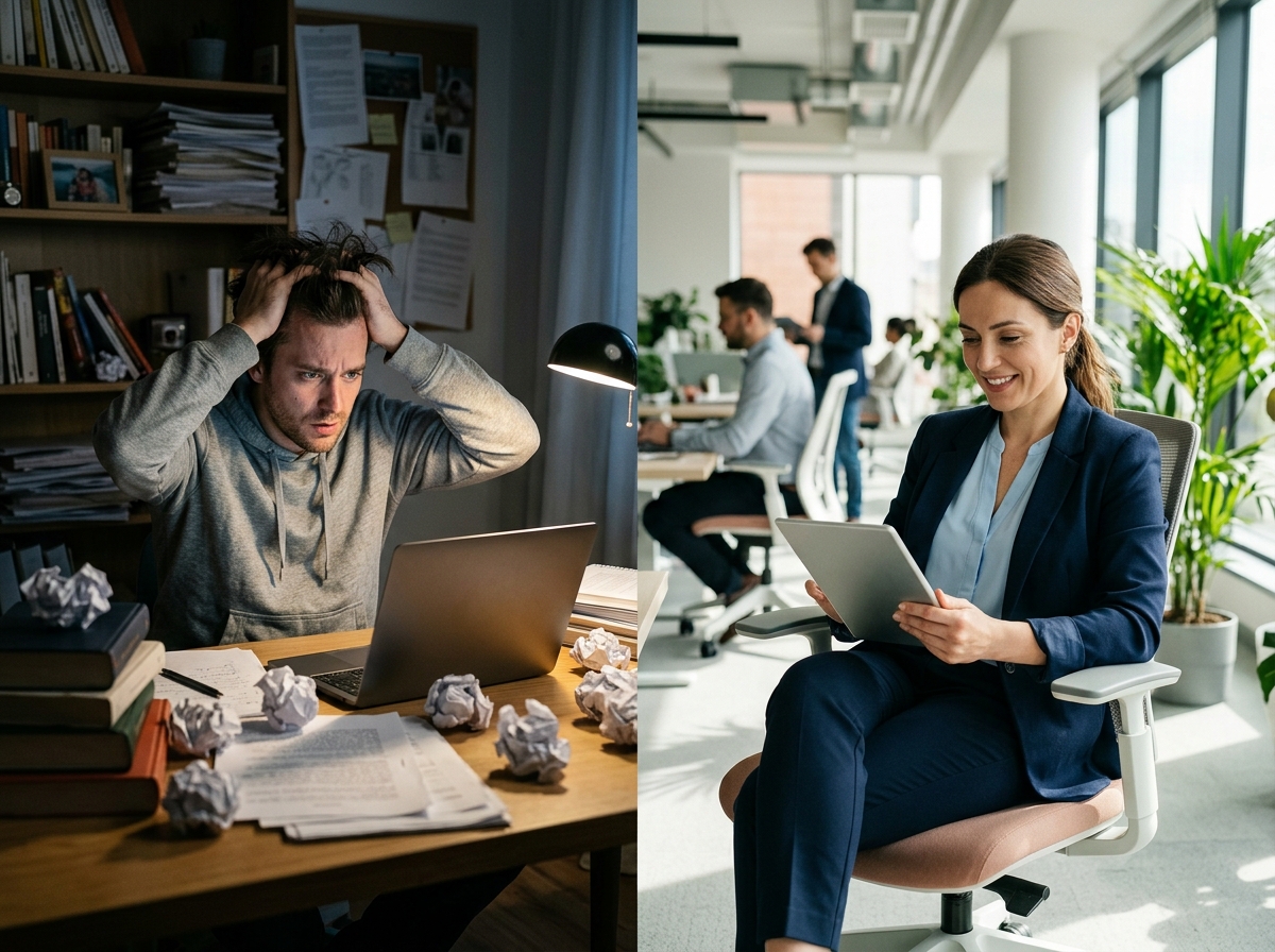 A split-screen image showing the inefficient manual content process versus the streamlined AI SEO process.