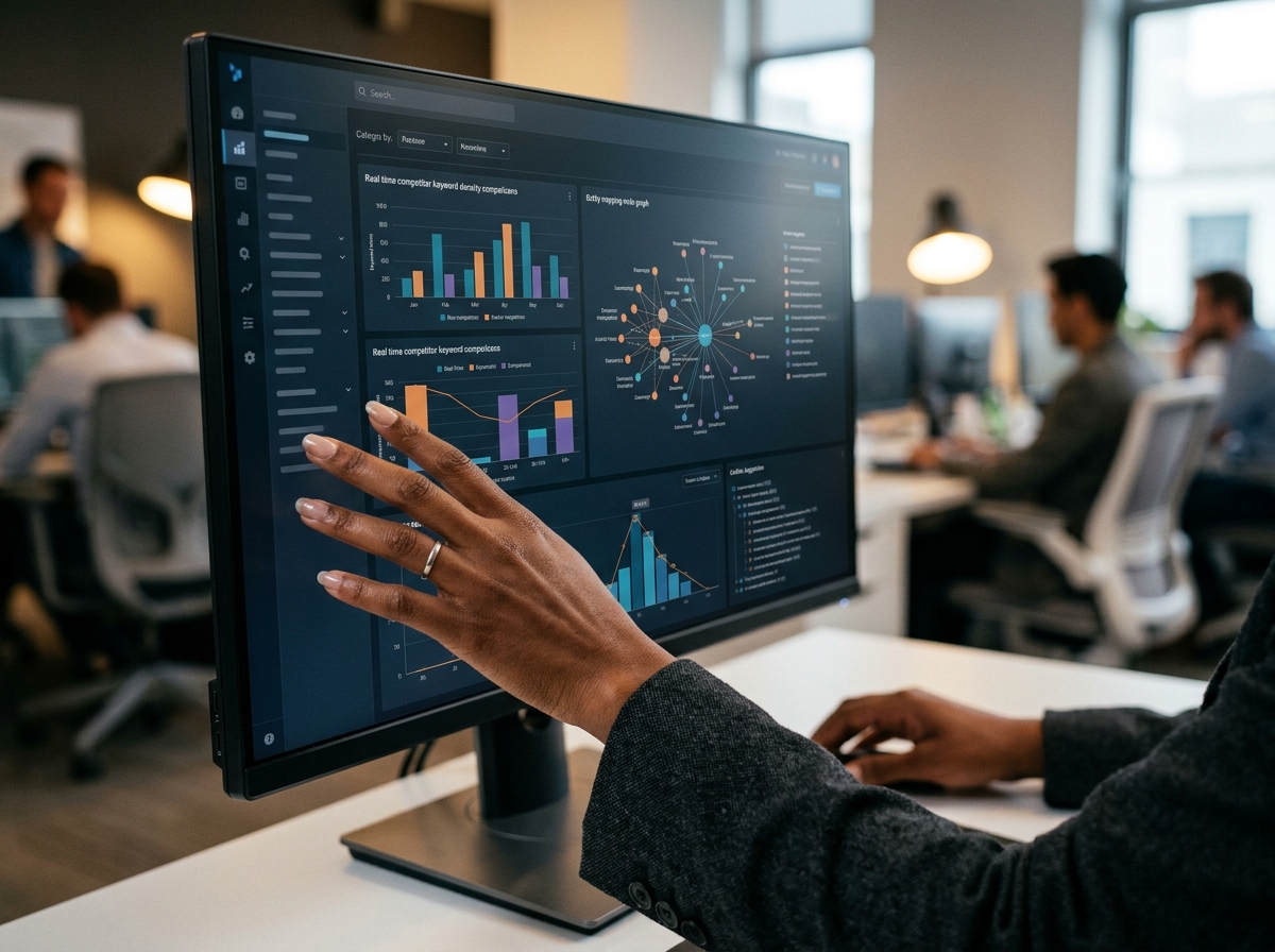 A close-up of a data analyst's hands interacting with a screen showing real-time competitor analysis for an SEO article.