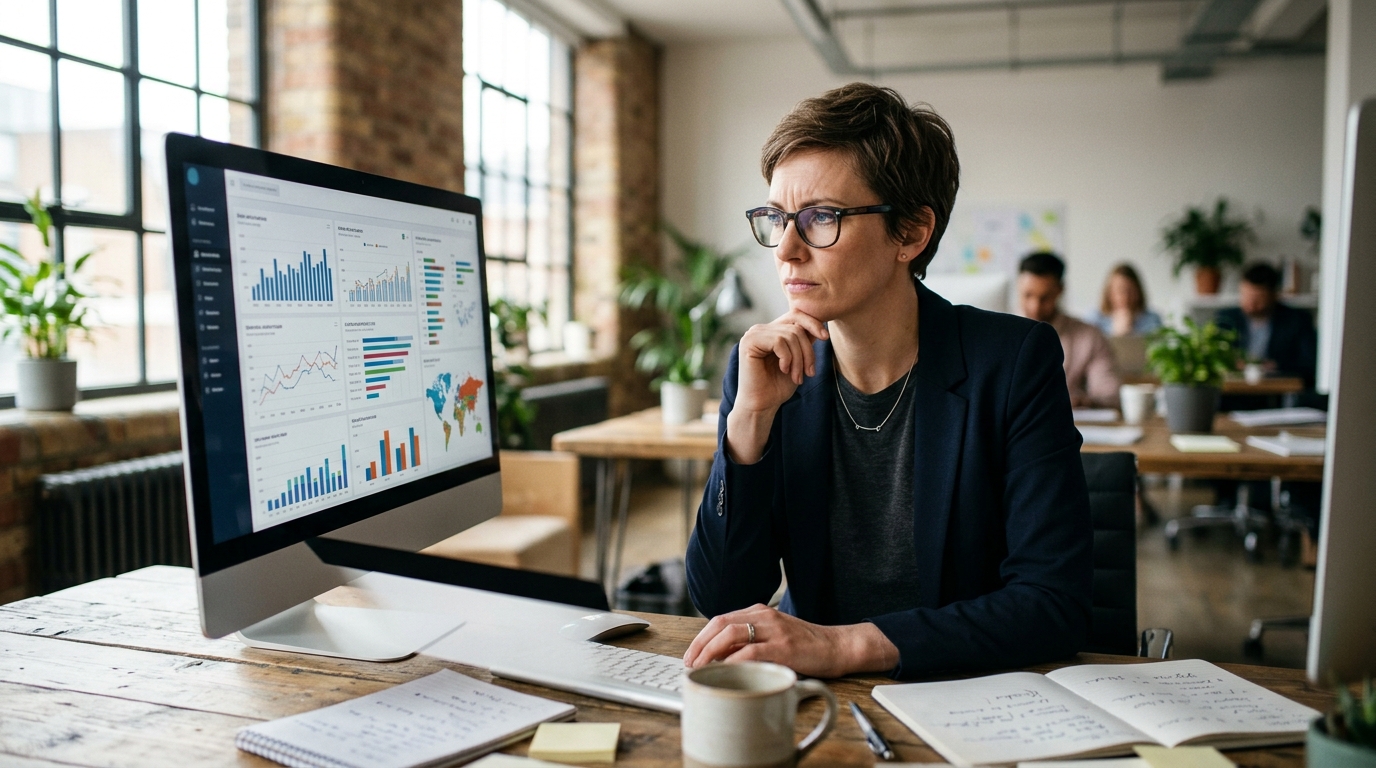 A content strategist analyzing an article SEO score on a dashboard in a modern office.