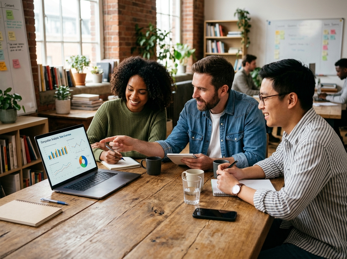 A small startup team collaborating on competitor content analysis for their SEO strategy.