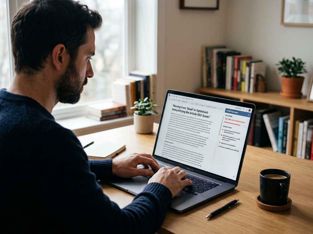 A professional writer at a desk, thoughtfully refining an article with an AI optimization tool visible on the screen.