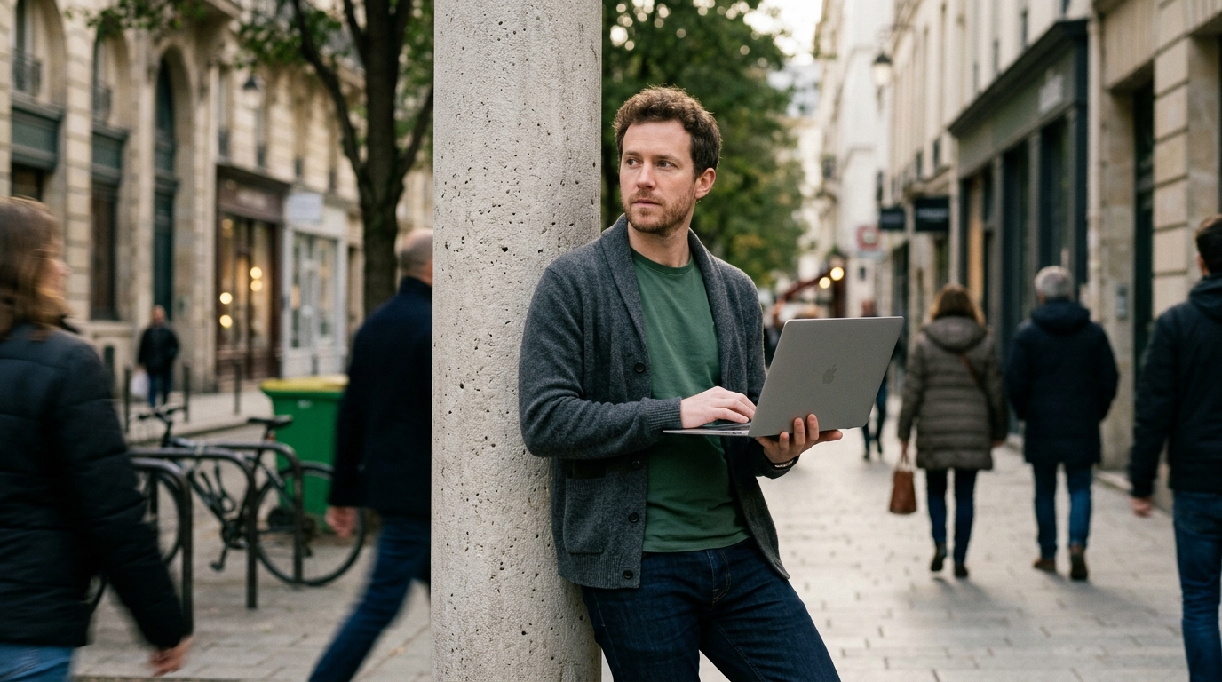 A solo entrepreneur thoughtfully reviewing a content calendar on a laptop in a modern workspace.