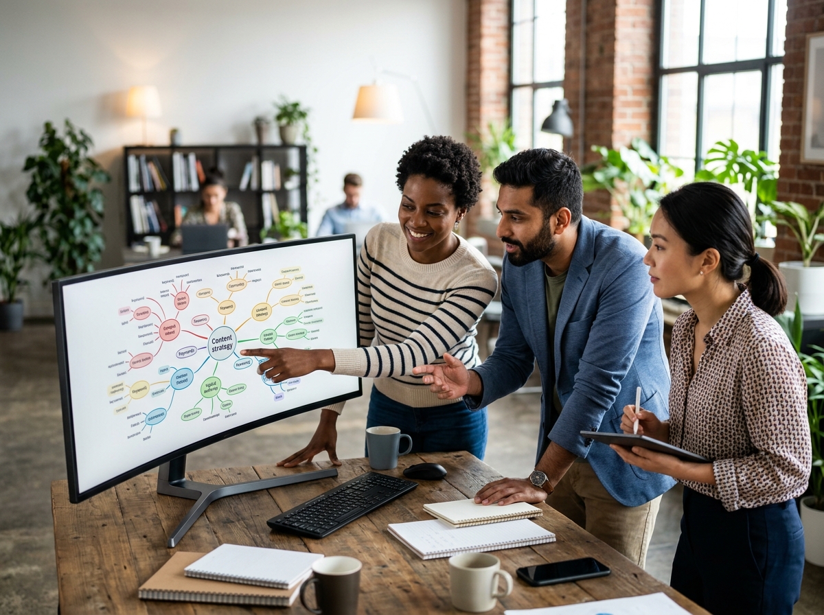 A small agency team collaborating around a large monitor showing a content strategy mind map.