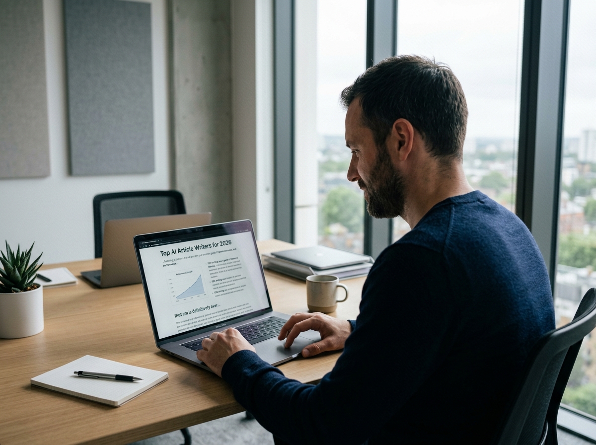A B2B SaaS founder reviewing a well-structured, AI-generated article on their laptop with a satisfied expression.