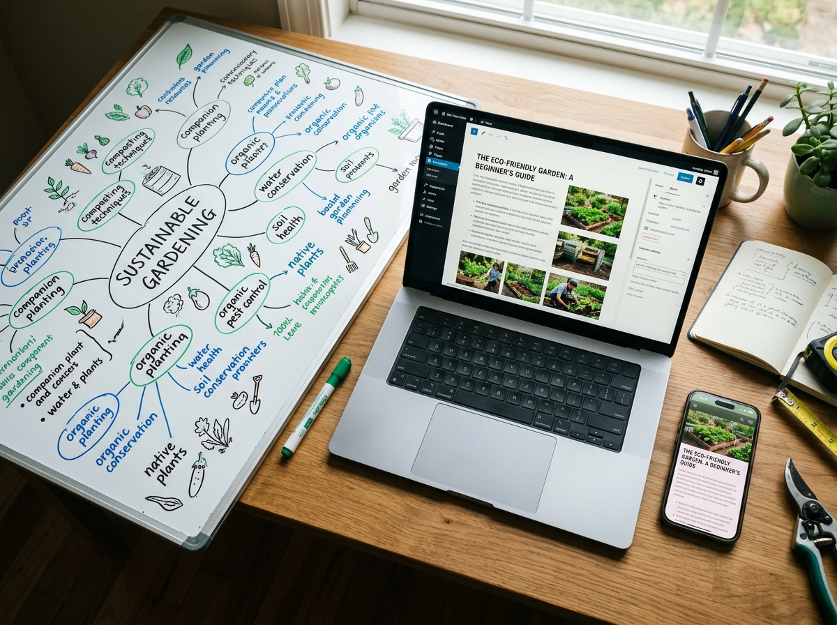 A step-by-step visual of a content creation workflow, from a keyword idea on a whiteboard to a published article on a laptop.