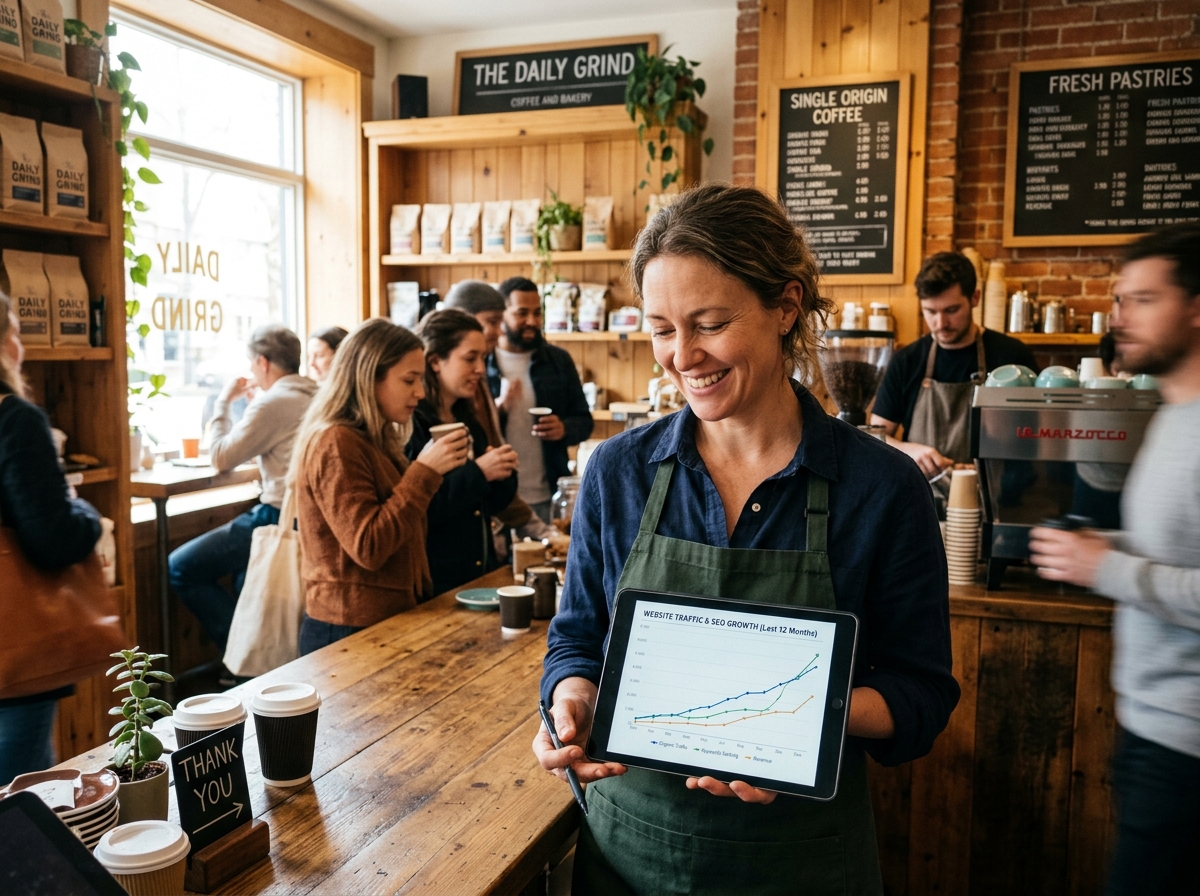 A small business owner confidently reviewing her website's improved traffic on a tablet in her vibrant shop.